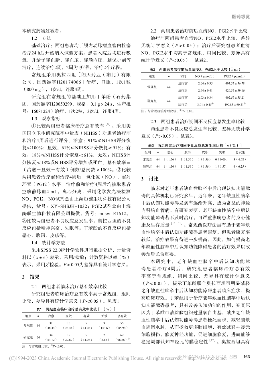 丁苯酚联合奥拉西坦对老年缺...清NO、PGI2水平的影响_王春华.pdf_第2页