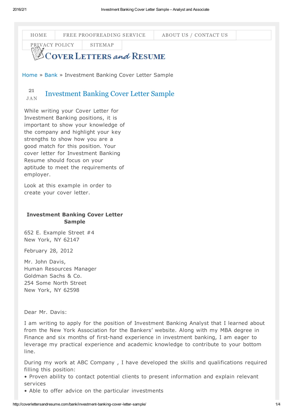 coverlettersandresume Investment Banking Cover Letter Sample �C Analyst and Associate(1).pdf_第1页
