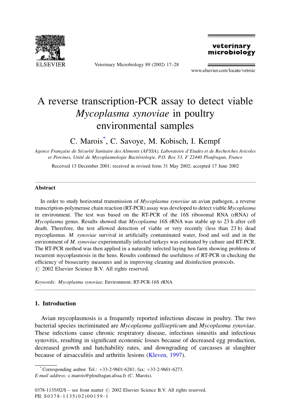 A reverse transcription-PCR assay to detect viable Mycoplasma synoviae in poultry(2).pdf_第1页