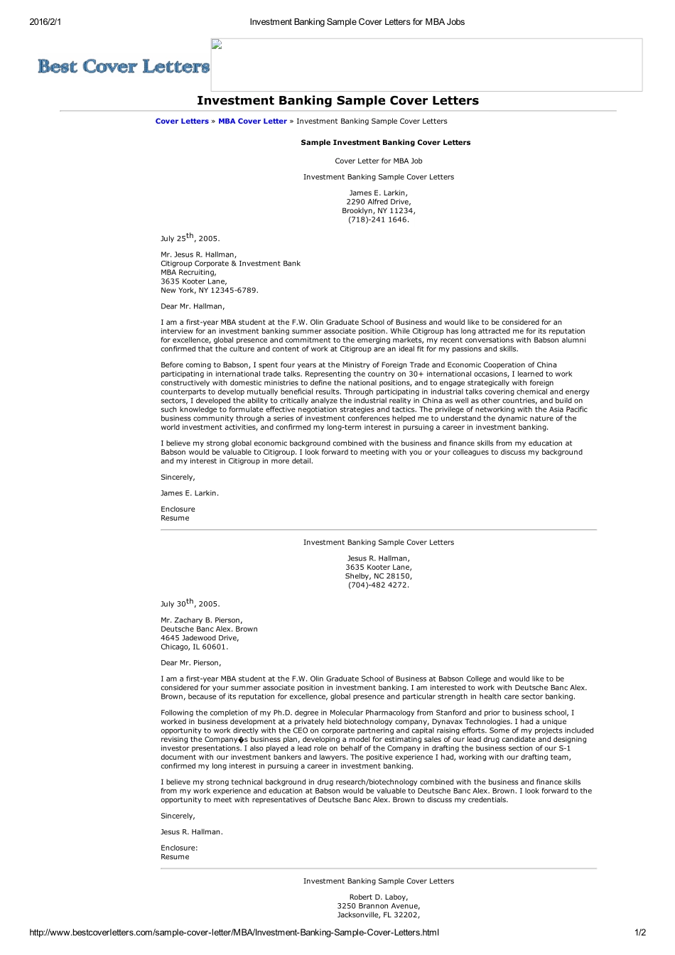 bestcoverletters Investment Banking Sample Cover Letters for MBA Jobs(1).pdf_第1页