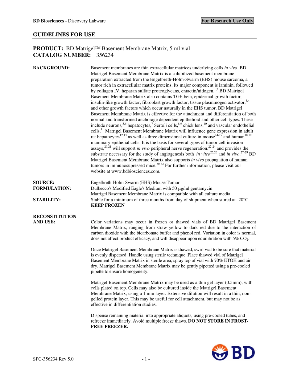 GUIDELINES FOR USE matrigel(1).pdf_第1页