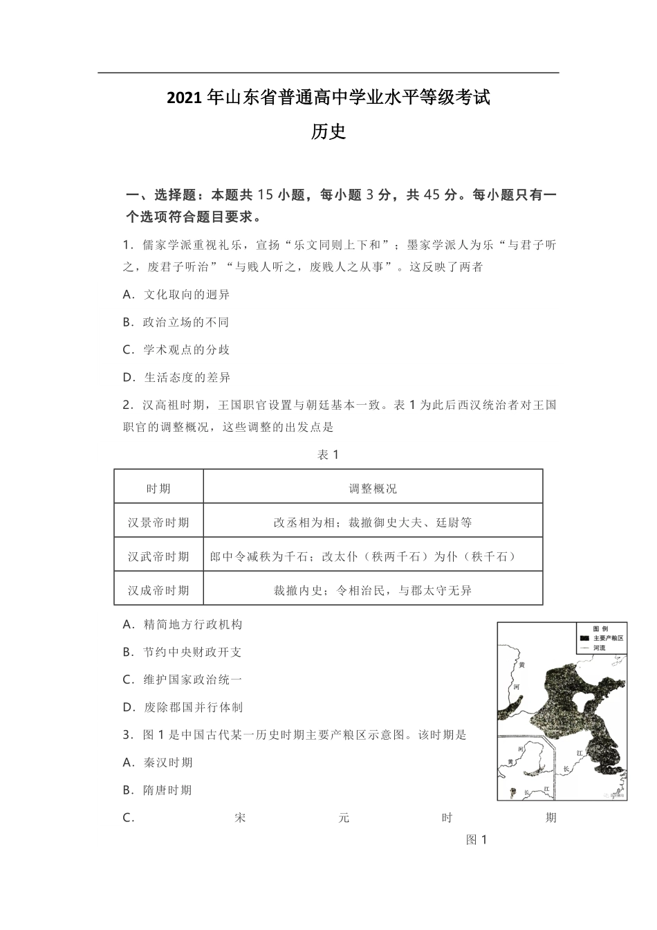2021年高考真题 历史(山东卷)（原卷版）(1).pdf_第1页