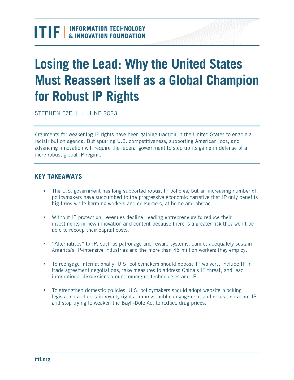 ITIF-失去领先地位：为什么美国必须重新确立其作为强大知识产权全球冠军的地位（英）-2023-WN6.pdf_第1页