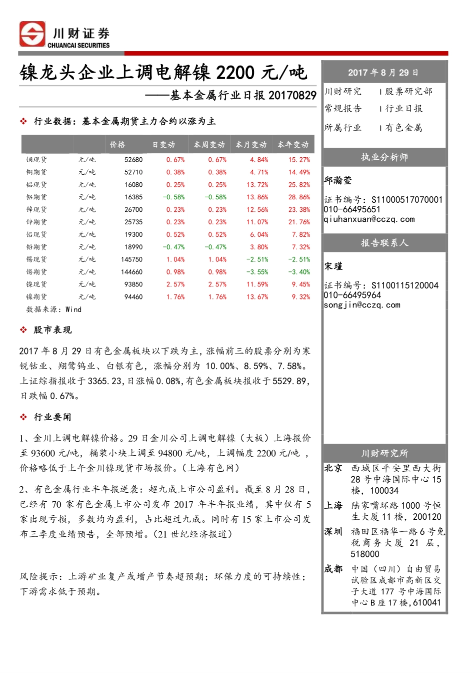 20170829-川财证券-基本金属行业日报：镍龙头企业上调电解镍2200元吨.pdf_第1页