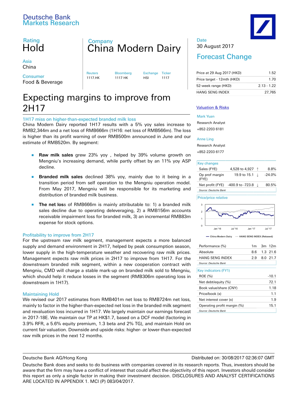 20170830-德意志银行-现代牧业-01117.HK-Expecting margins to improve from 2H17.pdf_第1页