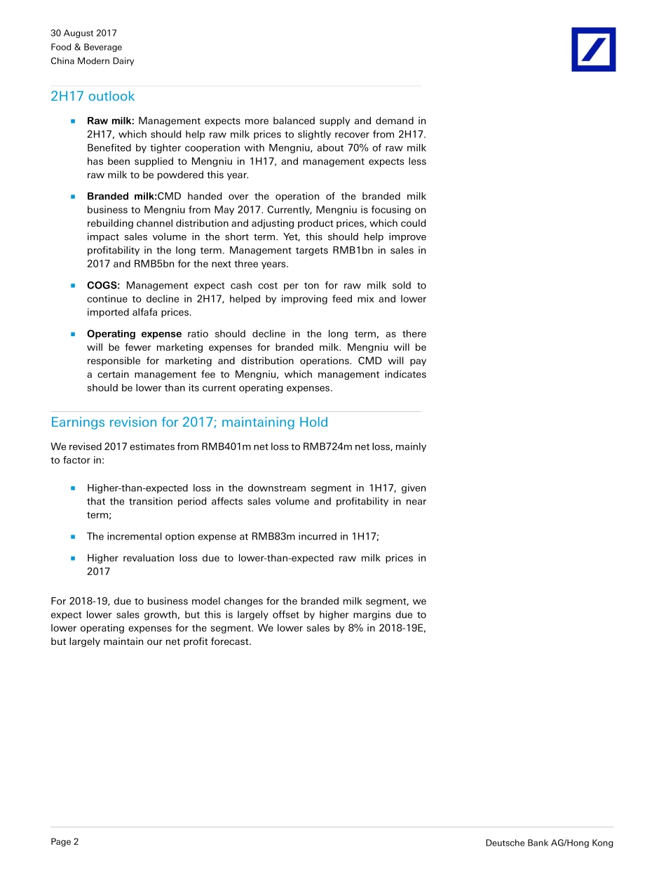 20170830-德意志银行-现代牧业-01117.HK-Expecting margins to improve from 2H17.pdf_第2页