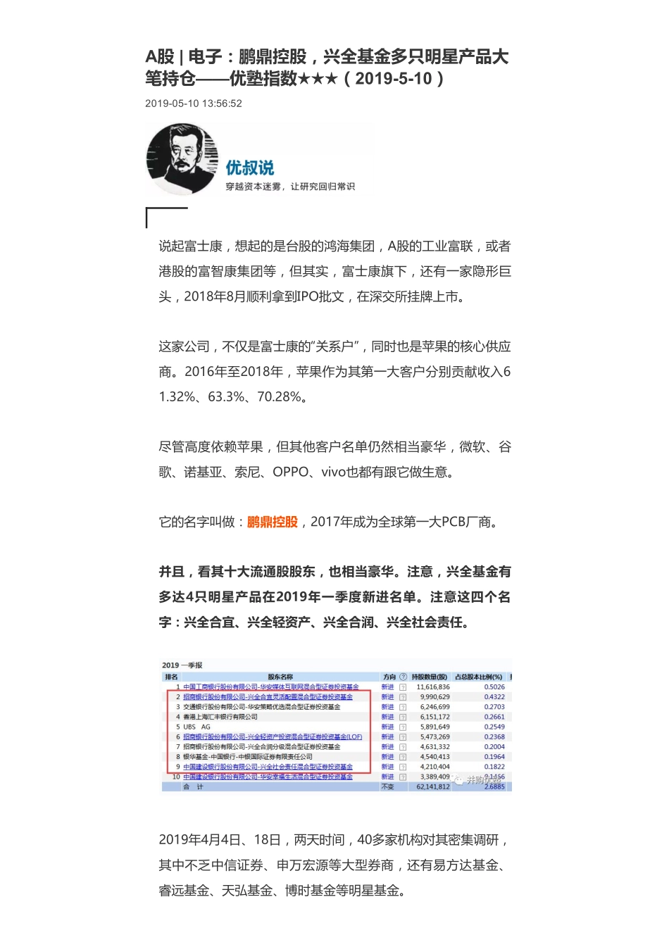 20190510A股 _ 电子：鹏鼎控股兴全基金多只明星产品大笔持仓-优塾指数★★★.pdf_第1页