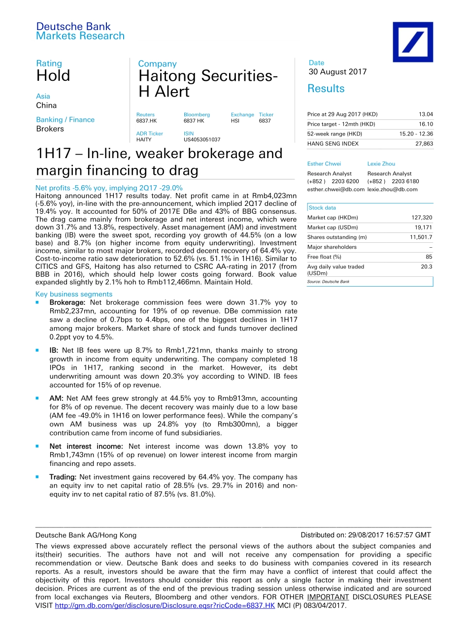 20170830-德意志银行-海通证券-06837.HK-1H17 – In-line, weaker brokerage and margin financing to drag.pdf_第1页