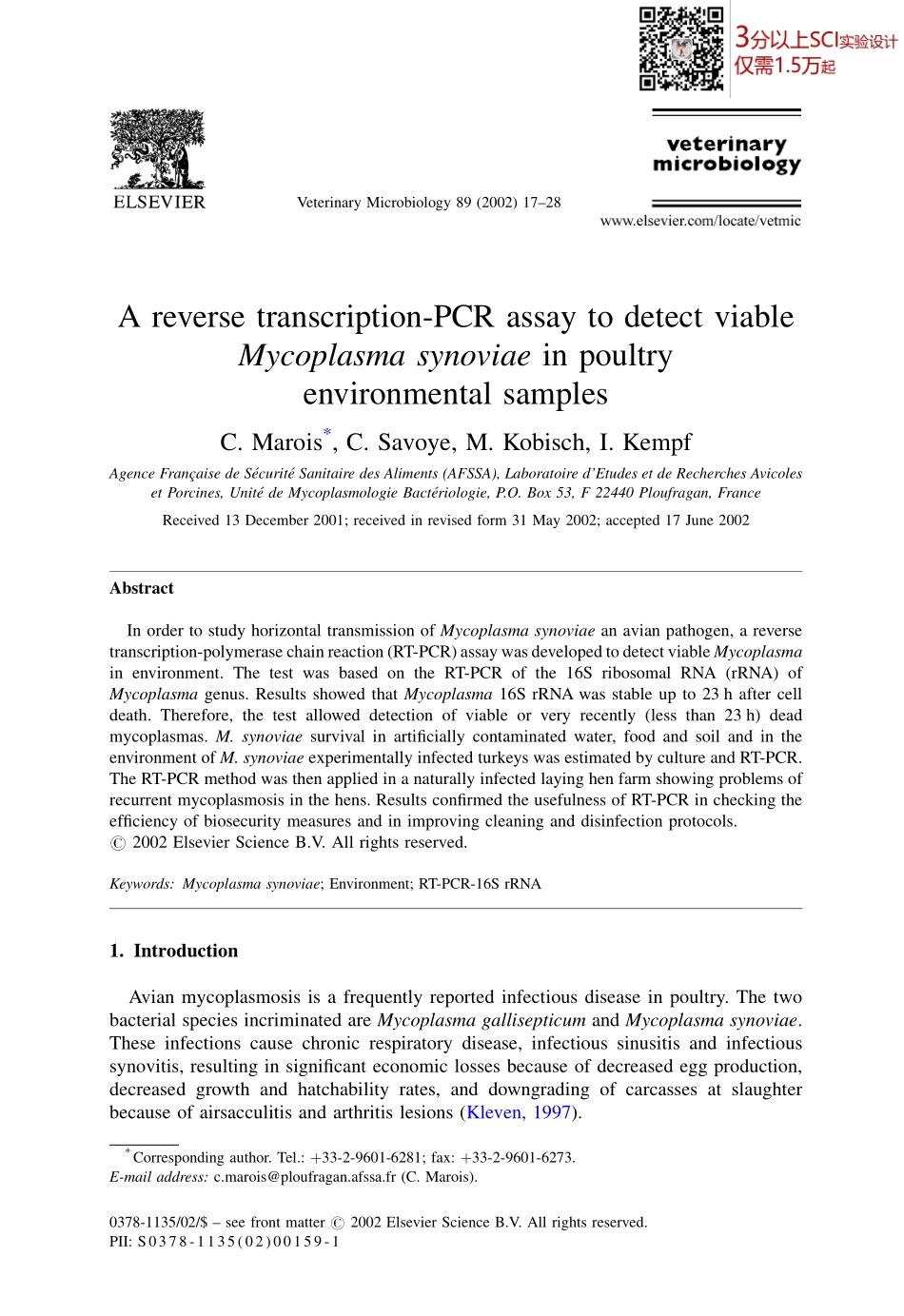 A reverse transcription-PCR assay to detect viable Mycoplasma synoviae in poultry(1).pdf_第1页