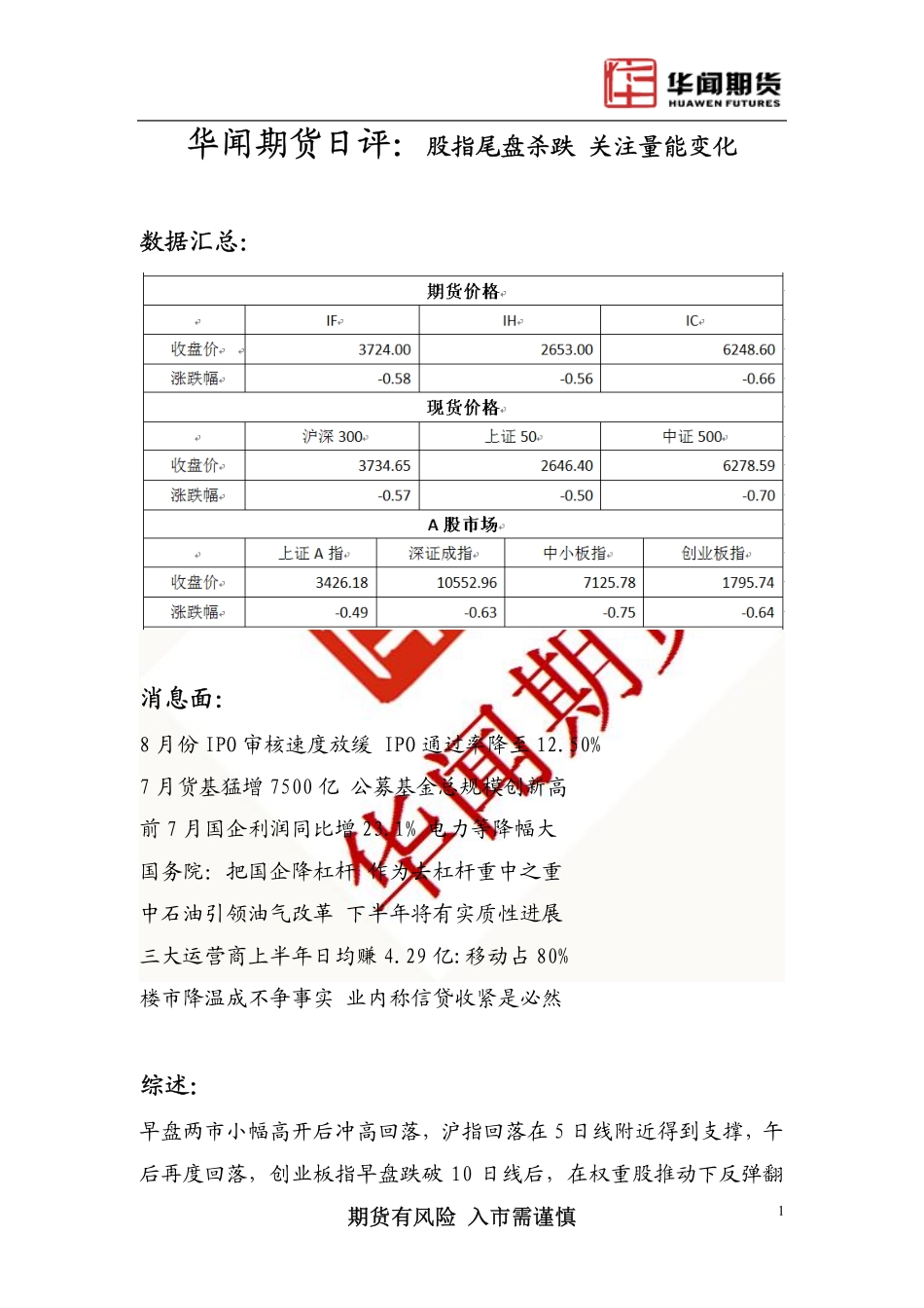 20170825-华闻期货-日评：股指尾盘杀跌 关注量能变化.pdf_第1页
