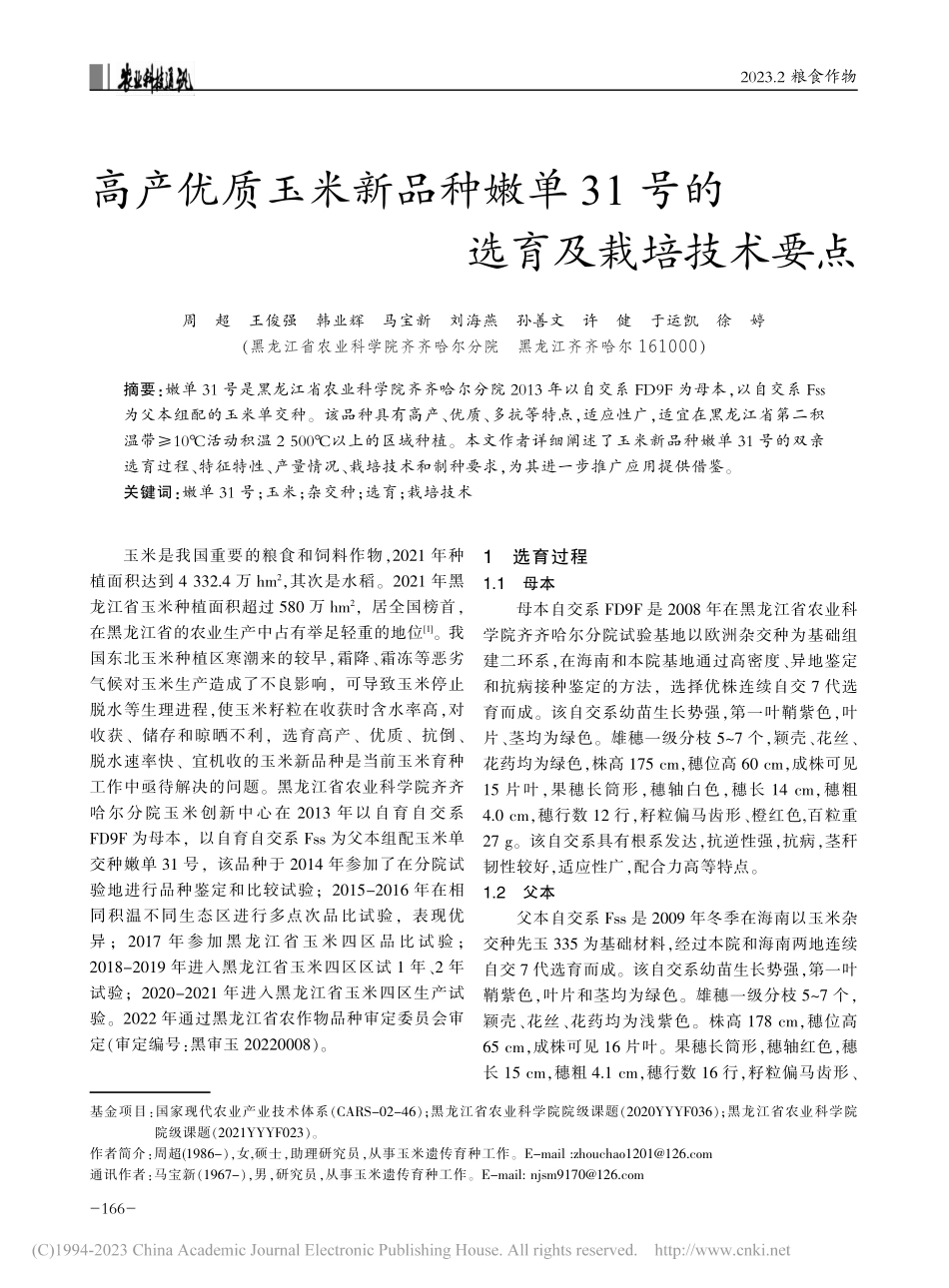 高产优质玉米新品种嫩单31号的选育及栽培技术要点_周超.pdf_第1页
