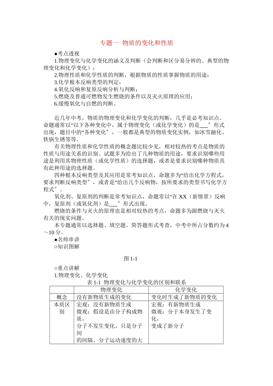 2023年中考化学考点复习专题一物质的变化和性质人教新课标版.docx_第1页