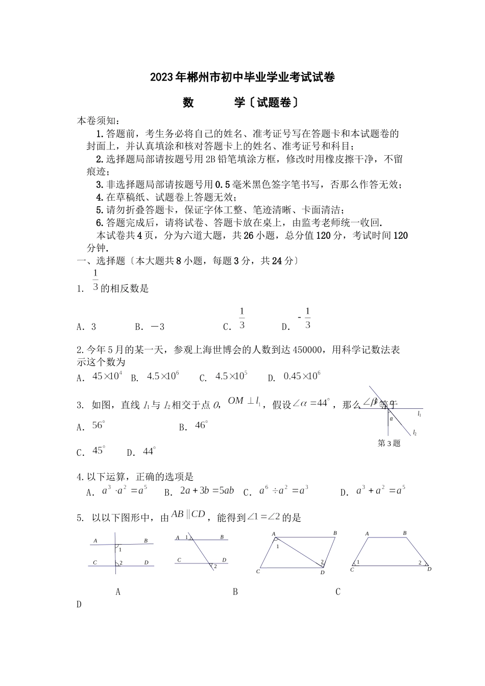 2023年全国各地中考数学试题120套（上）湖南郴州初中数学.docx_第1页
