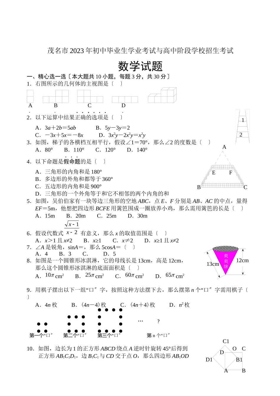 2023年全国各地中考数学试题120套（上）广东茂名初中数学.docx_第1页