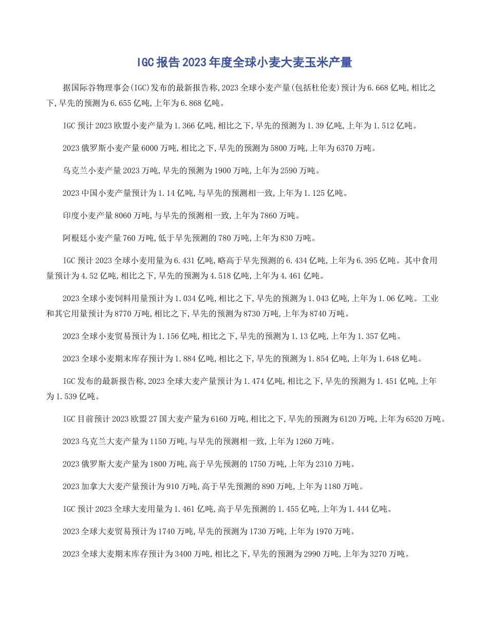 2023年IGC报告全球小麦大麦玉米产量.doc_第1页