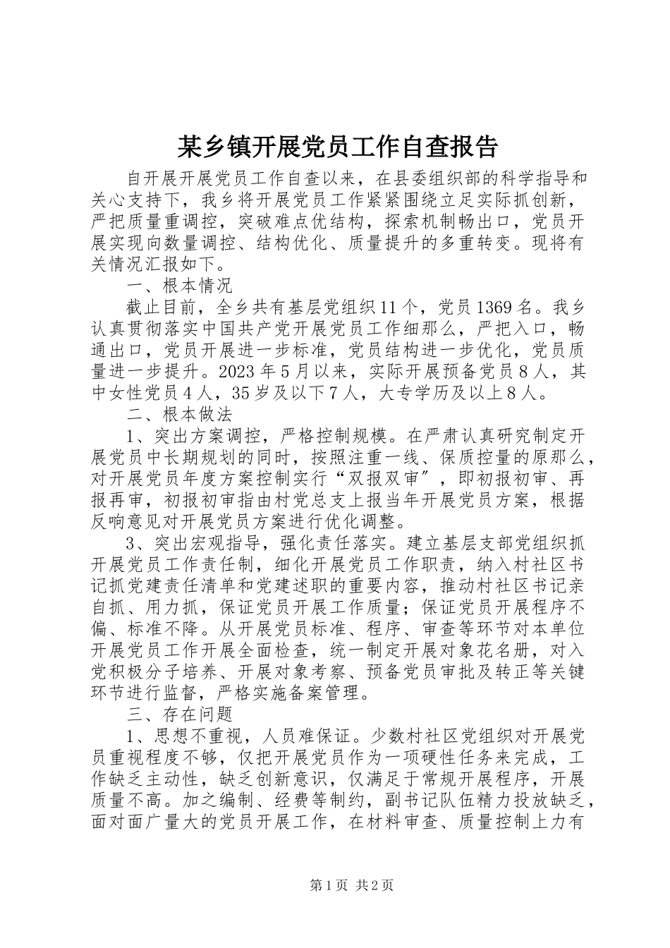 2023年xx乡镇发展党员工作自查报告.docx_第1页