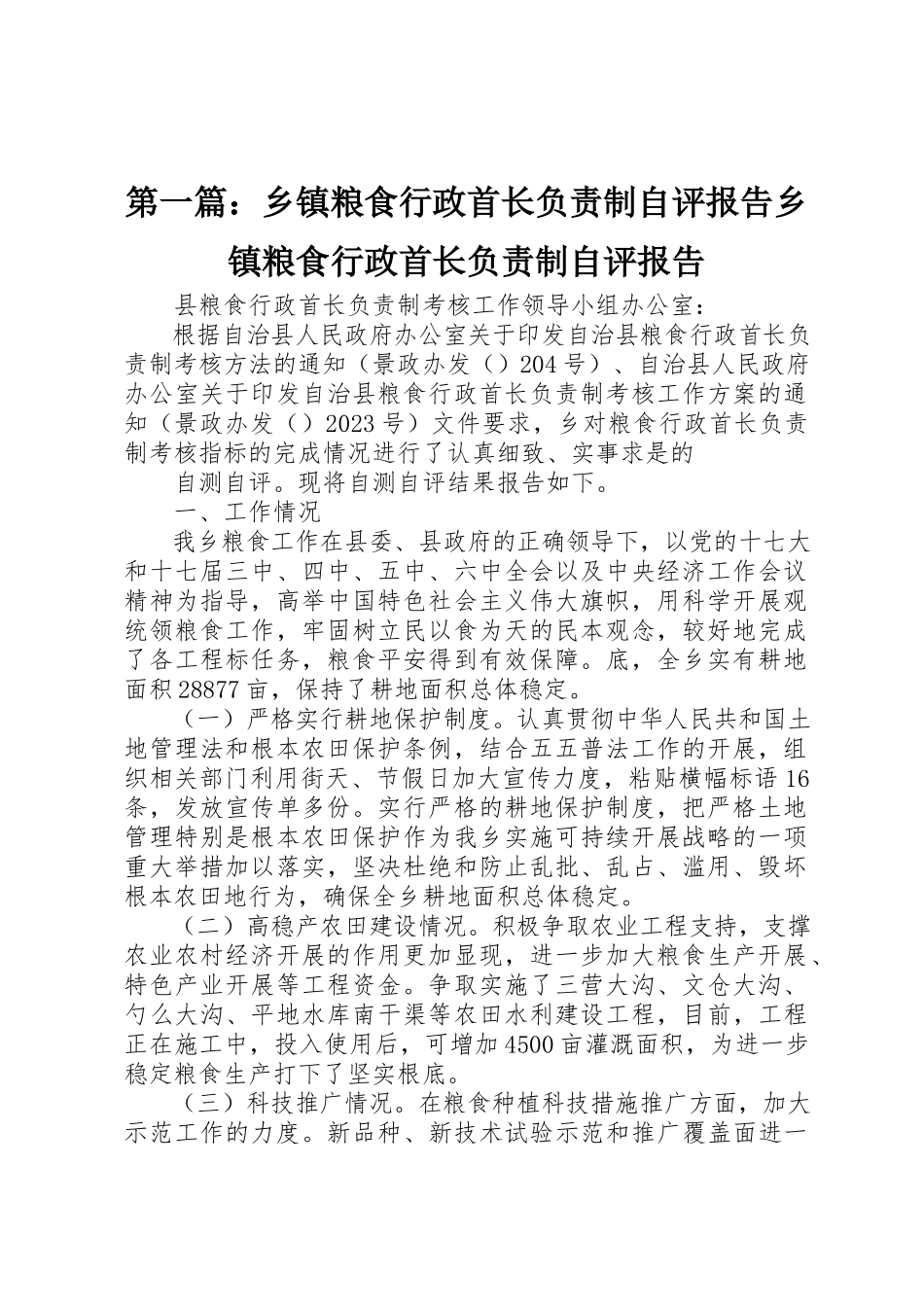 2023年xx乡镇粮食行政首长负责制自评报告乡镇粮食行政首长负责制自评报告新编.docx_第1页