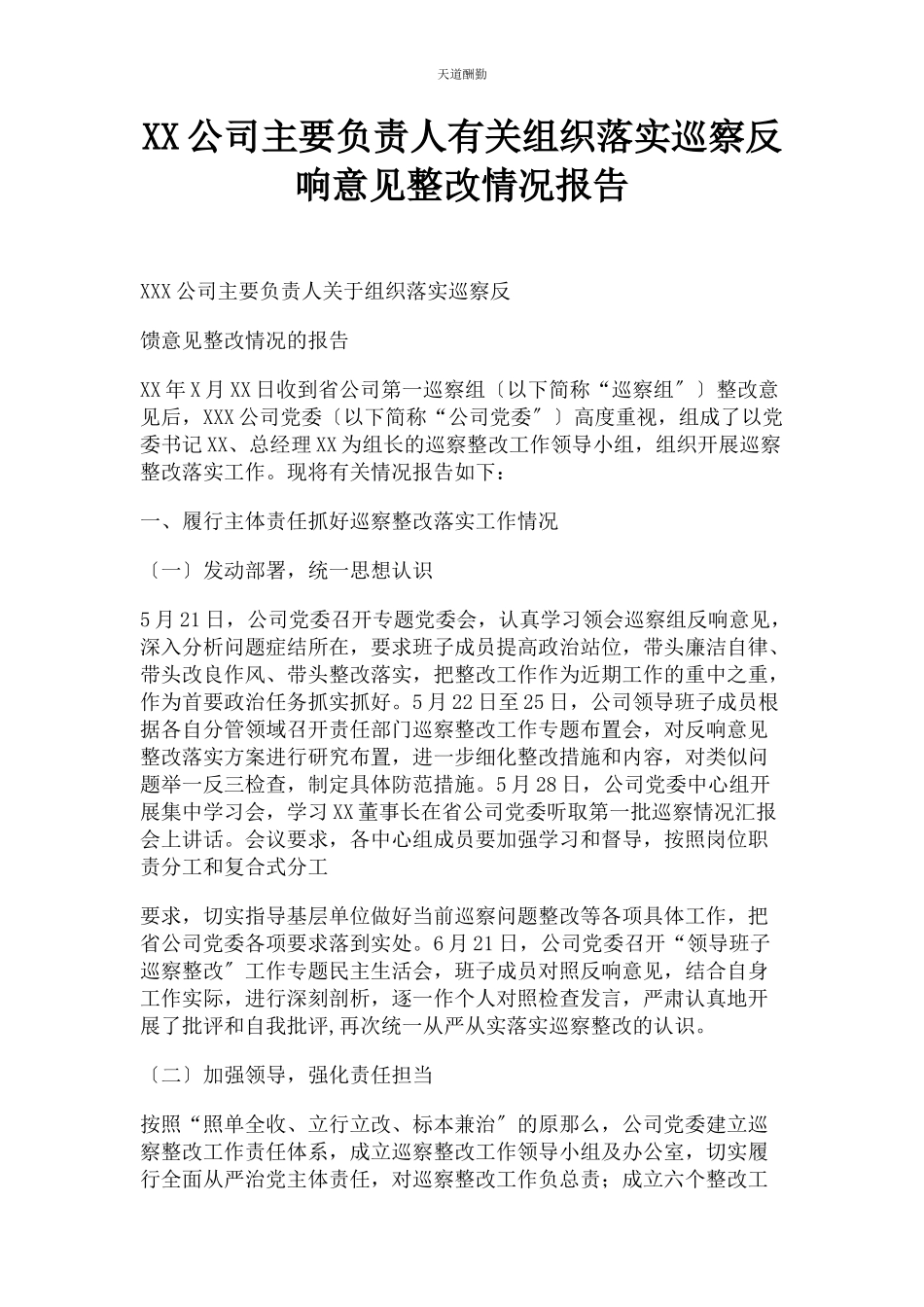 2023年xx公司主要负责人组织落实巡察反馈意见整改情况报告.docx_第1页