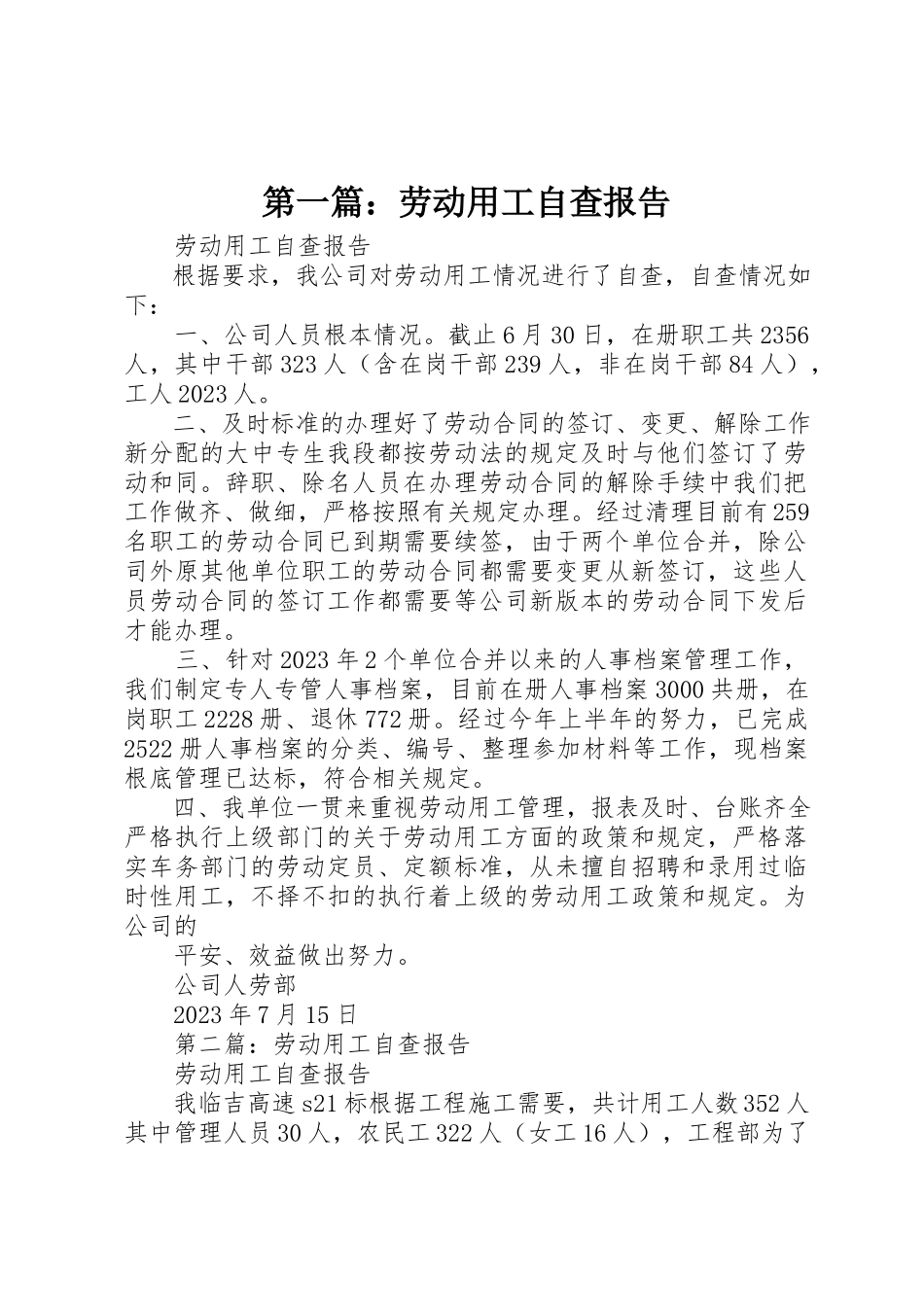 2023年xx劳动用工自查报告新编.docx_第1页