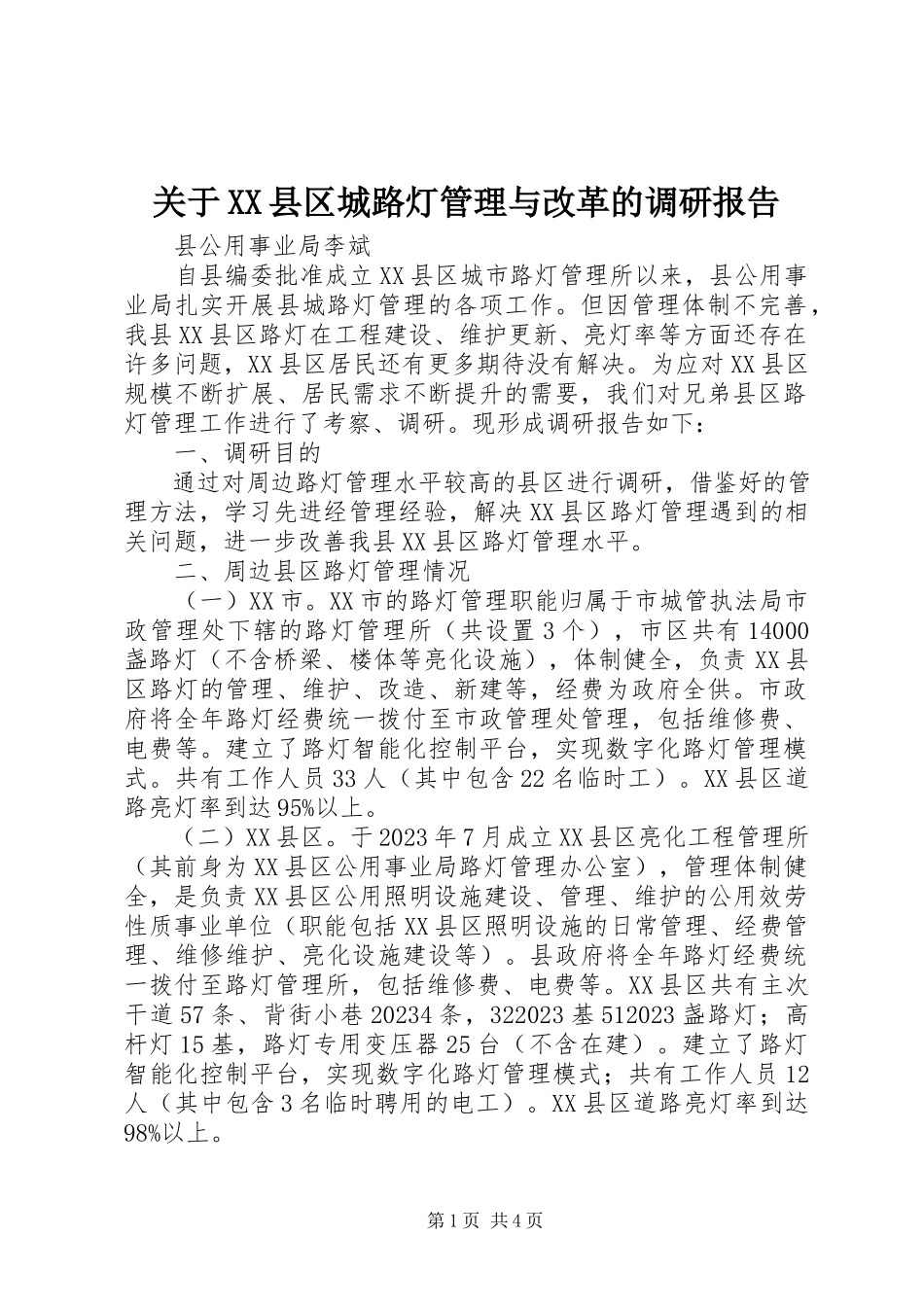 2023年XX县区城路灯管理与改革的调研报告.docx_第1页