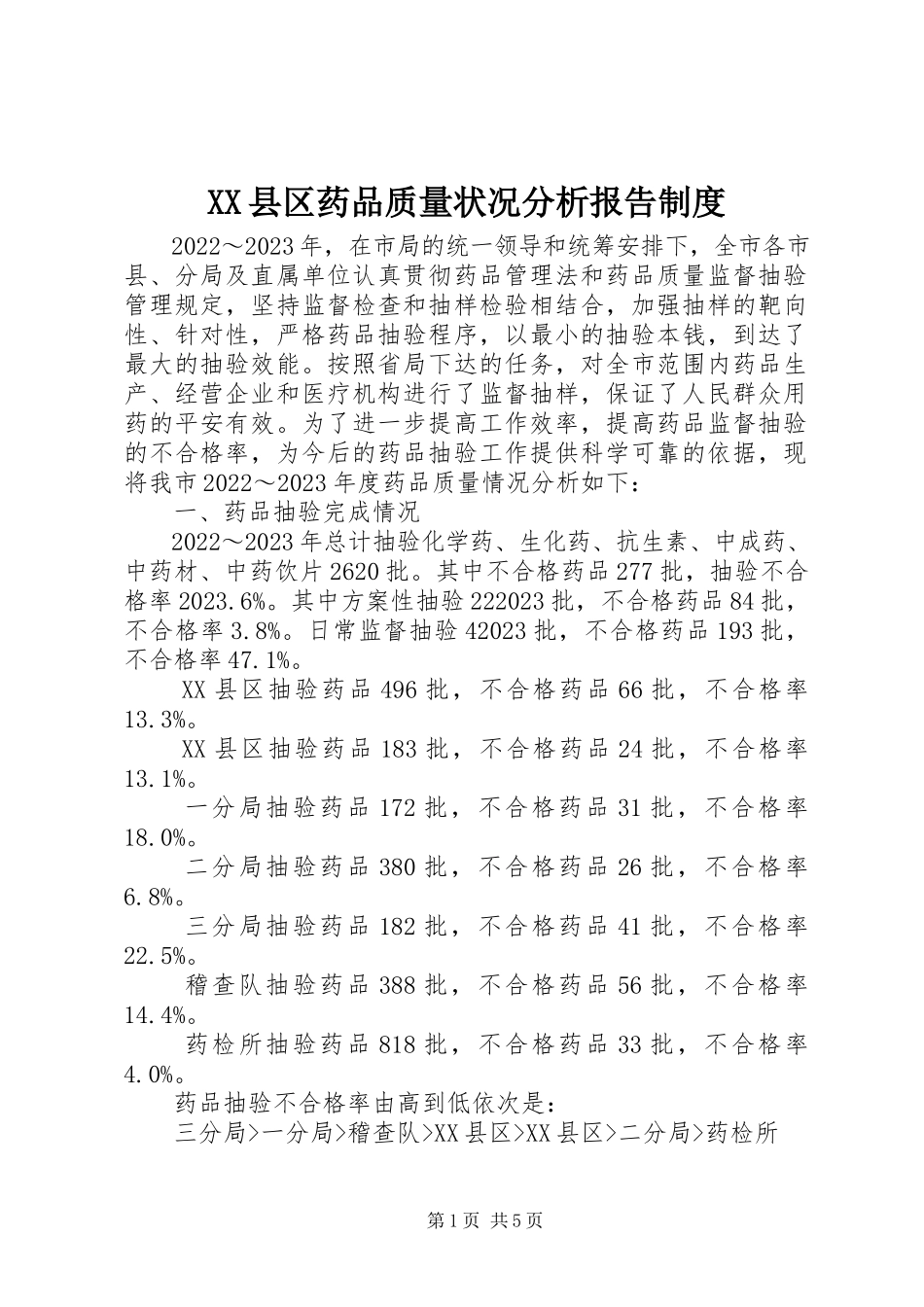 2023年XX县区药品质量状况分析报告制度新编.docx_第1页