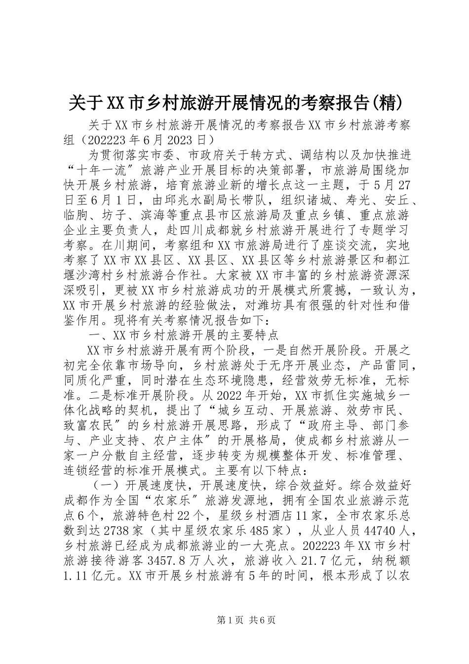 2023年XX市乡村旅游发展情况的考察报告精.docx_第1页