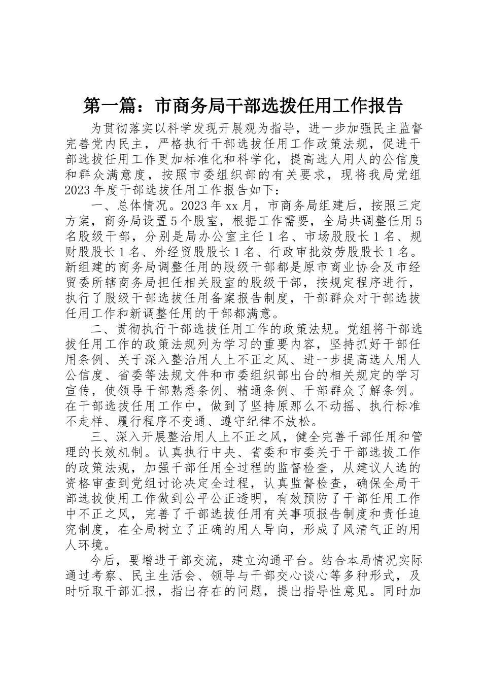 2023年xx市商务局干部选拨任用工作报告新编.docx_第1页
