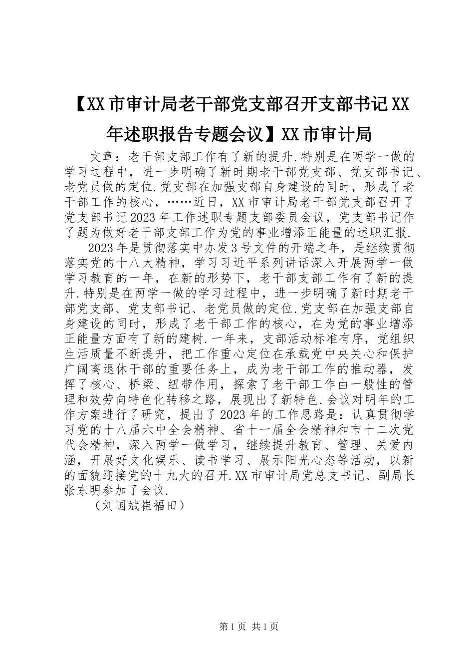 2023年XX市审计局老干部党支部召开支部书记述职报告专题会议XX市审计局新编.docx_第1页