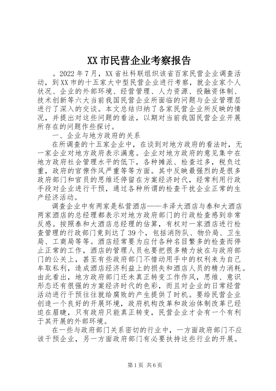 2023年XX市民营企业考察报告新编.docx_第1页