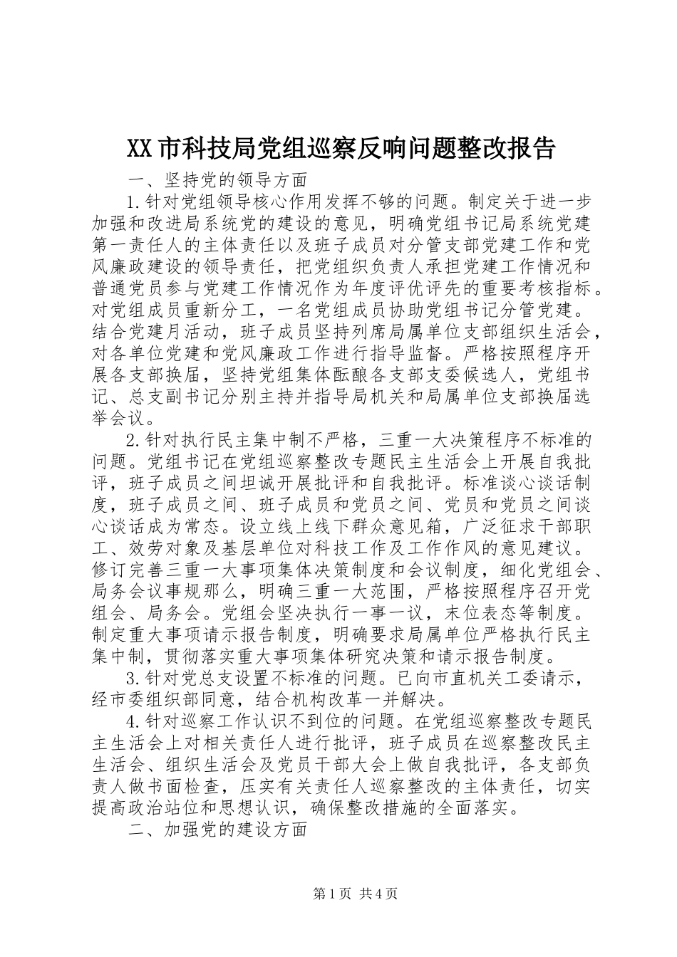 2023年XX市科技局党组巡察反馈问题整改报告.docx_第1页