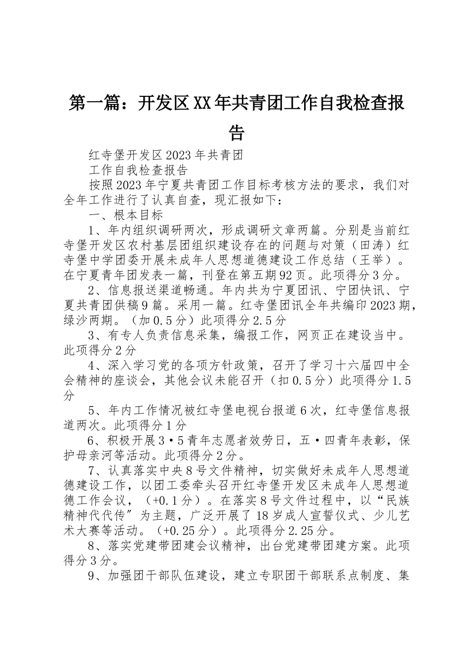 2023年xx开发区某年共青团工作自我检查报告新编.docx_第1页