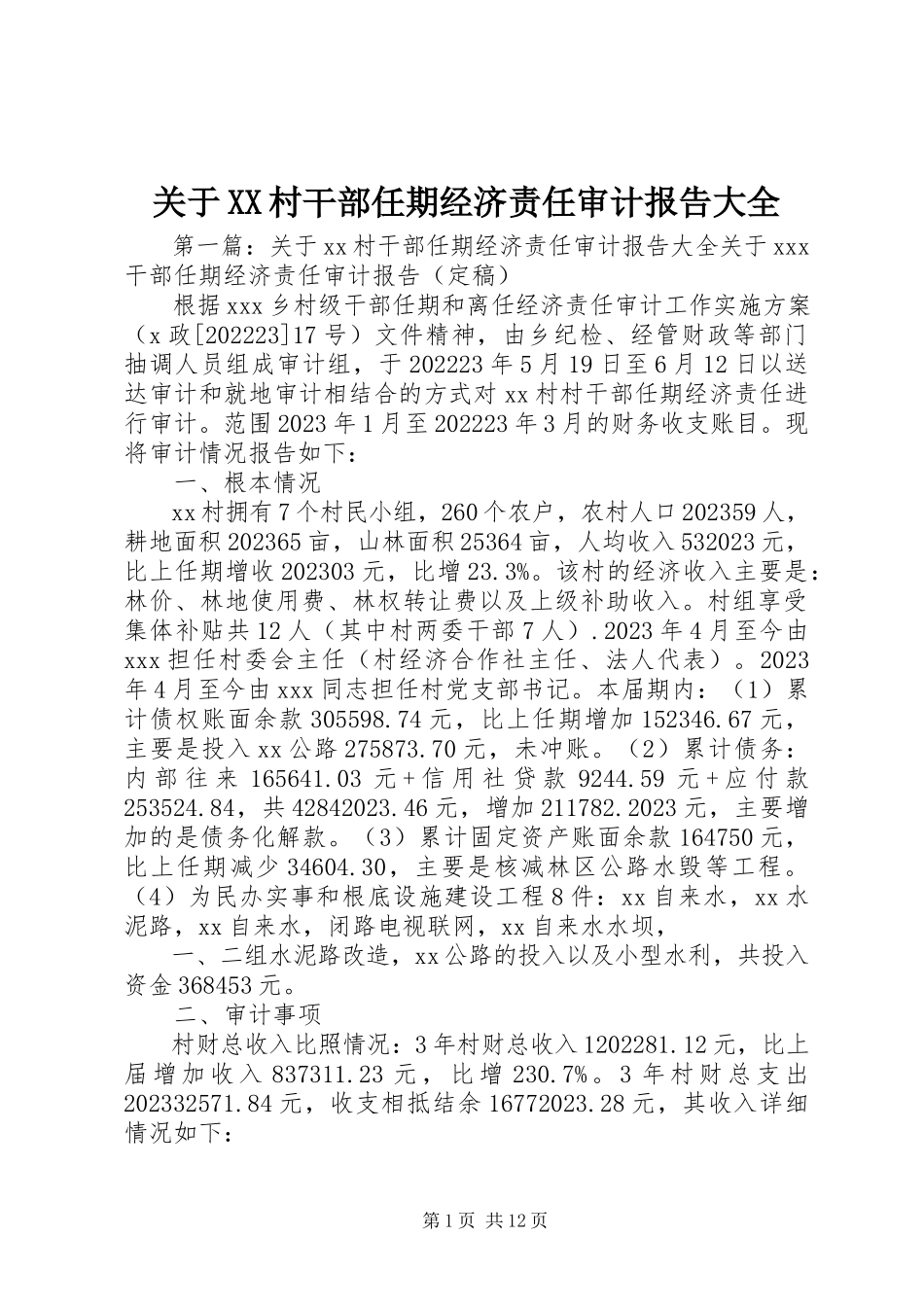 2023年XX村干部任期经济责任审计报告大全.docx_第1页