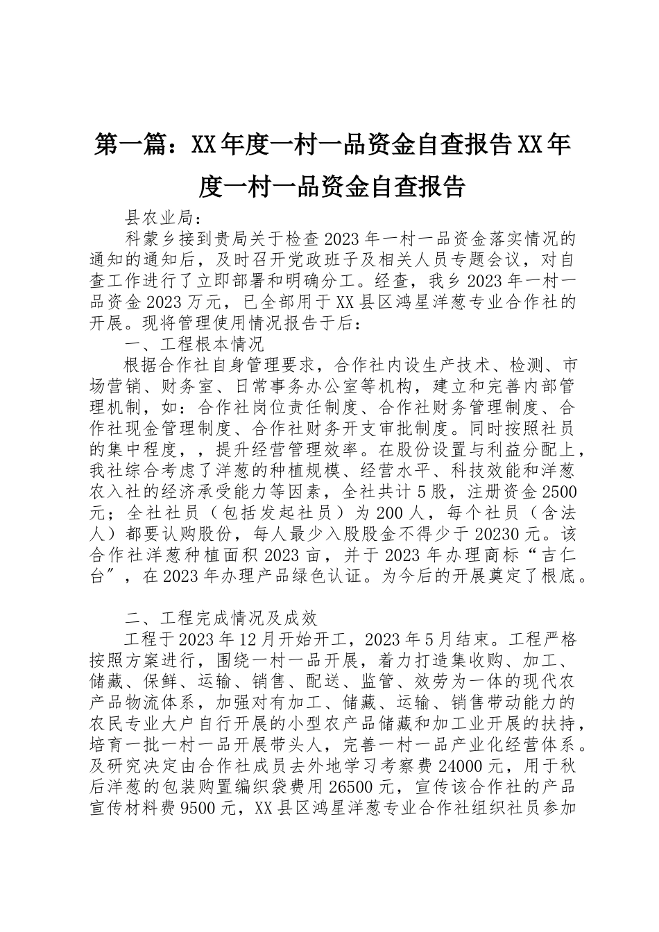 2023年xx某年度一村一品资金自查报告某年度一村一品资金自查报告新编.docx_第1页