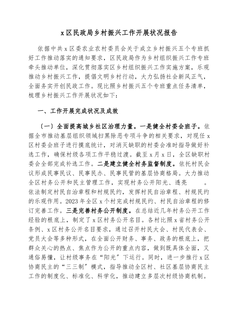 2023年X区民政局乡村振兴工作开展情况报告.docx_第1页