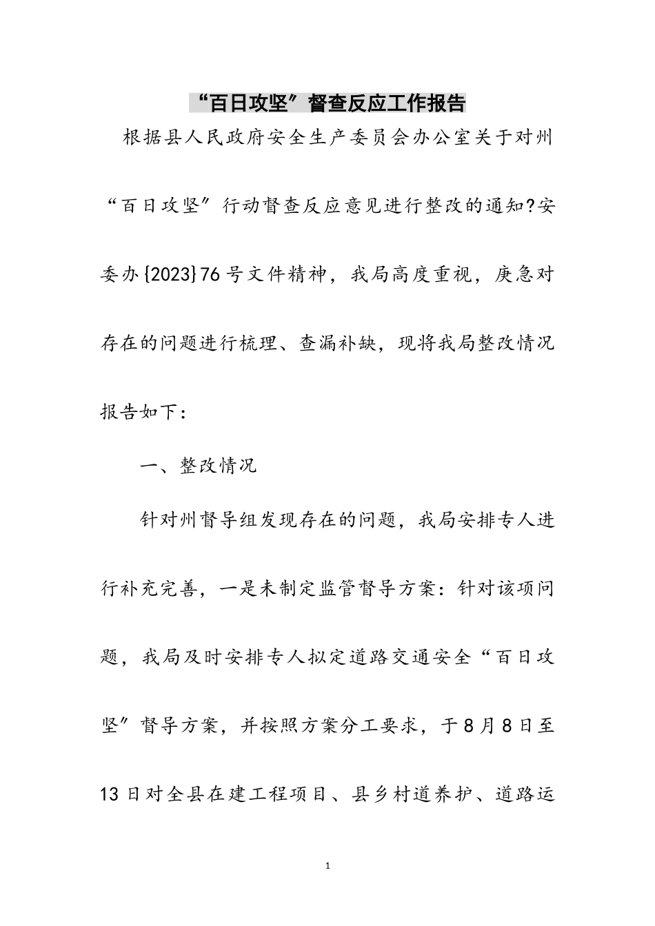 2023年“百日攻坚”督查反馈工作报告范文.doc_第1页
