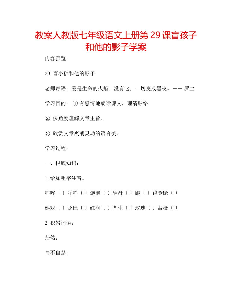 2023年教案人教版七级语文上册第29课《盲孩子和他的影子》学案.docx_第1页