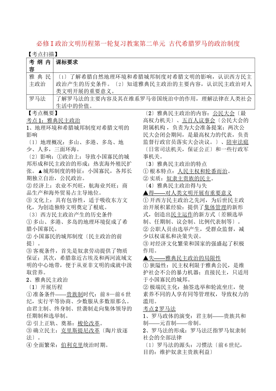 2023年高考历史第一轮复习政治文明历程第二单元古代希腊罗马的政治制度教案新课标必修1.docx_第1页
