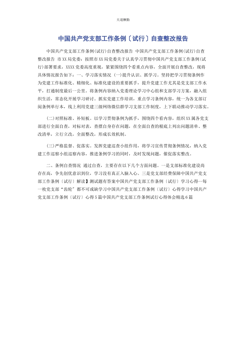 2023年《中国共产党支部工作条例试行》自查整改报告.docx_第1页