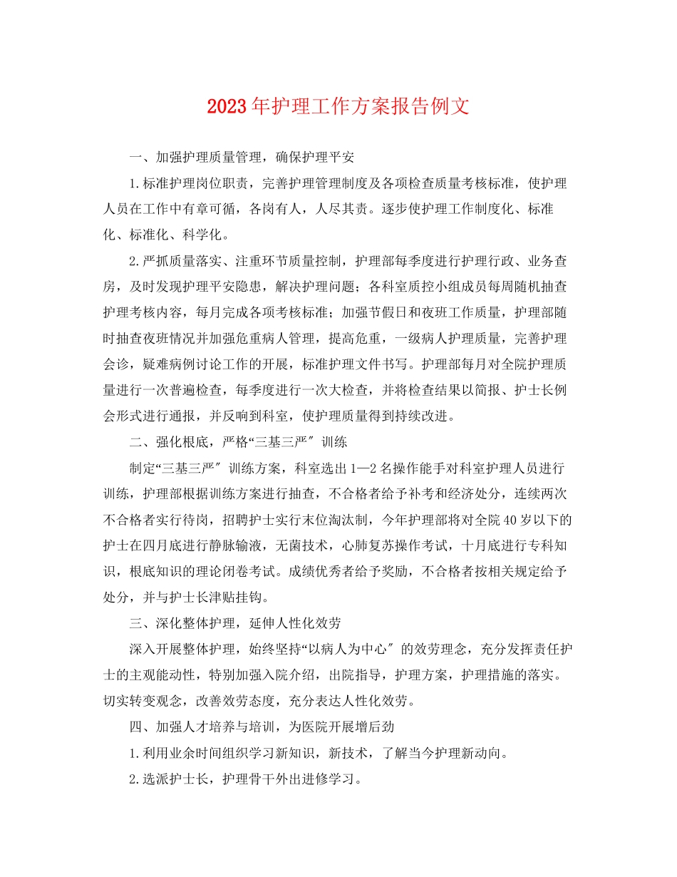 2023年护理工作计划报告例文.docx_第1页