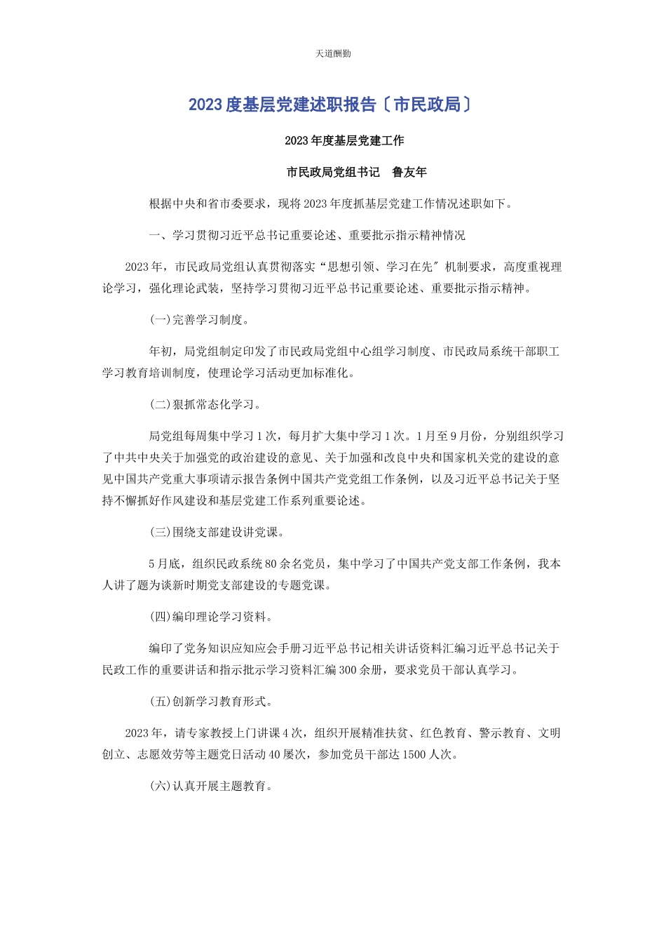 2023年度基层党建述职报告市民政局2.docx_第1页