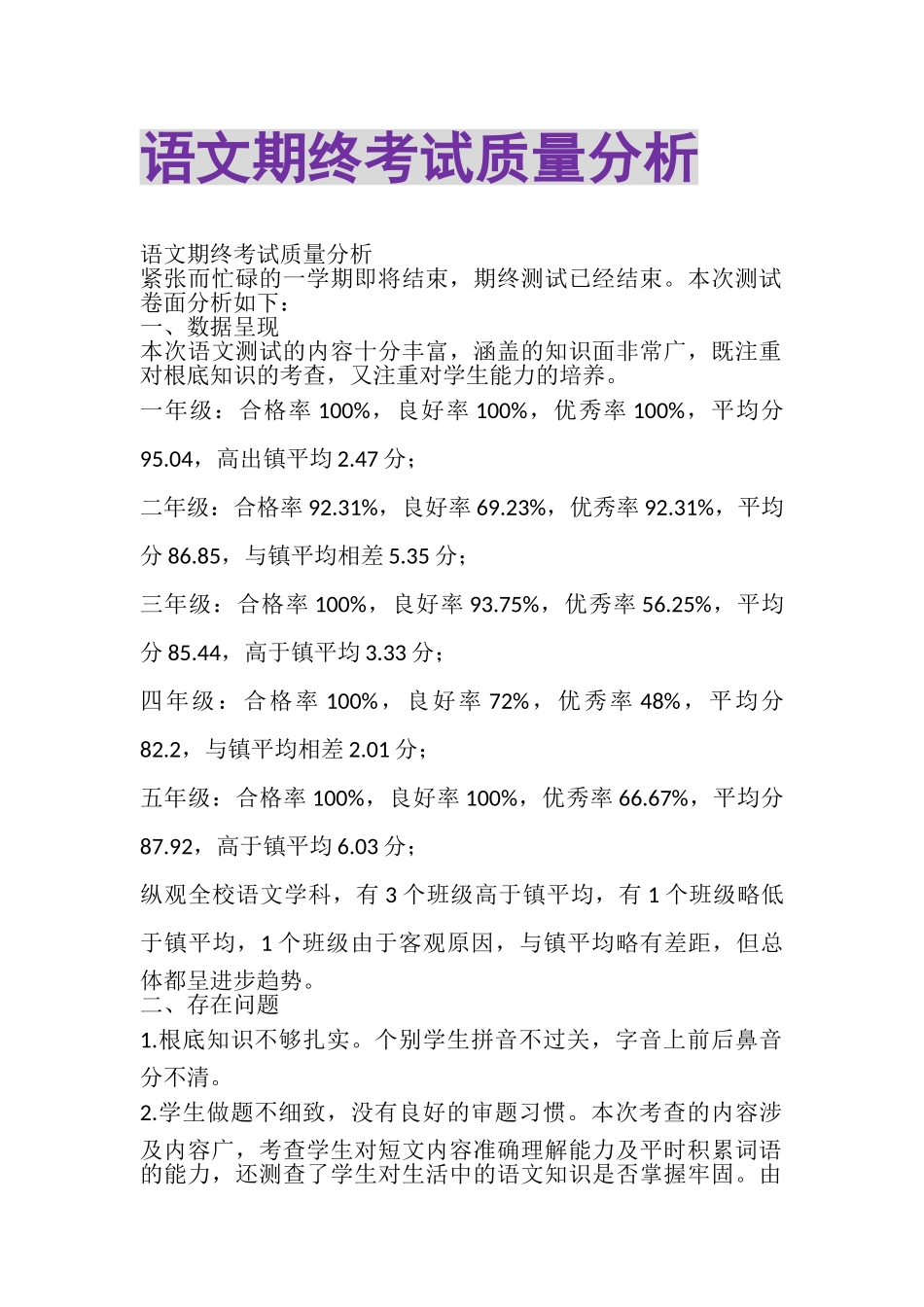 2023年语文期终考试质量分析.doc_第1页