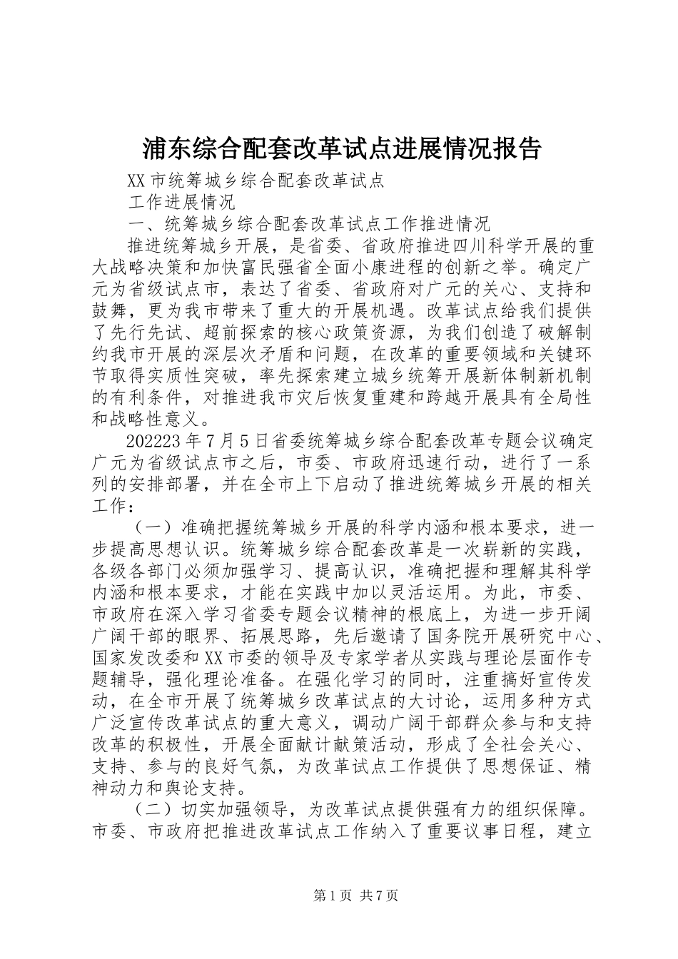 2023年浦东综合配套改革试点进展情况报告.docx_第1页