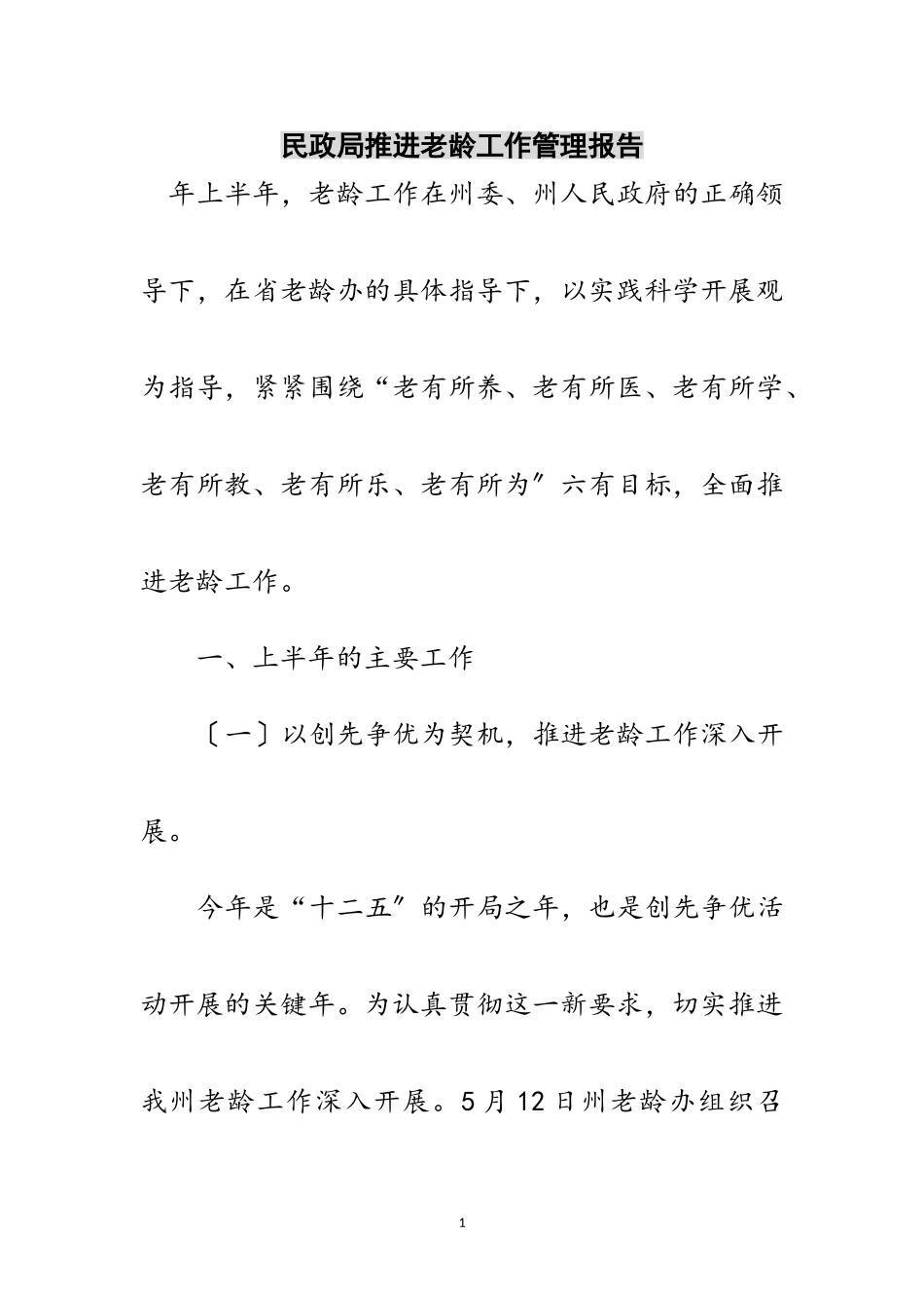 2023年民政局推进老龄工作管理报告范文.doc_第1页