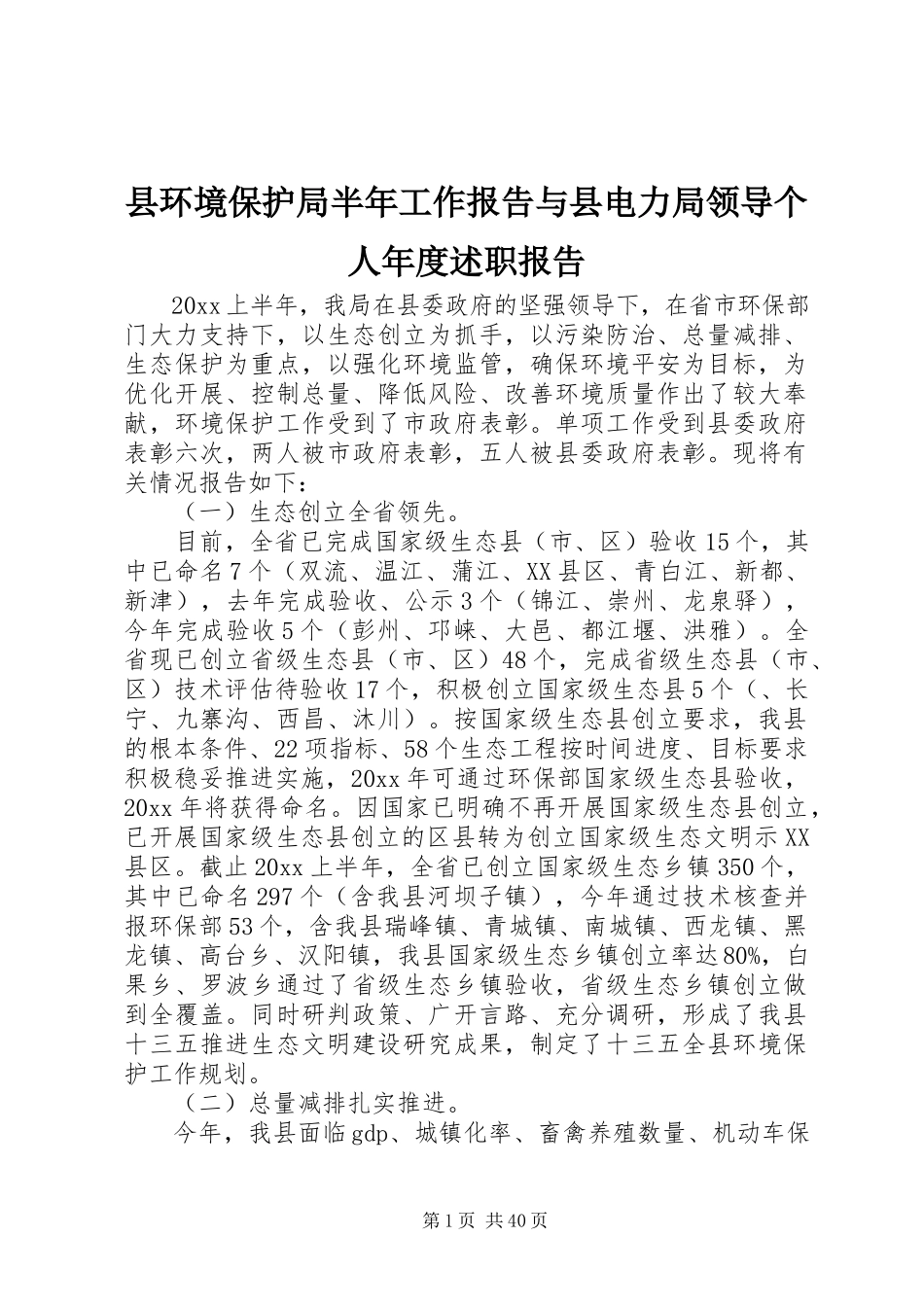 2023年县环境保护局半年工作报告与县电力局领导个人年度述职报告.docx_第1页