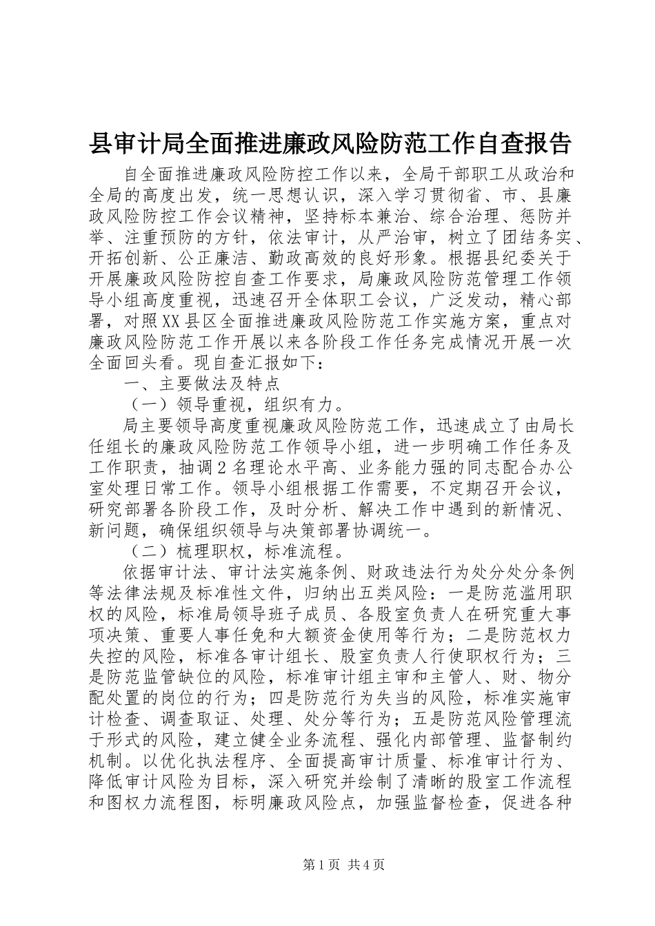 2023年县审计局全面推进廉政风险防范工作自查报告.docx_第1页