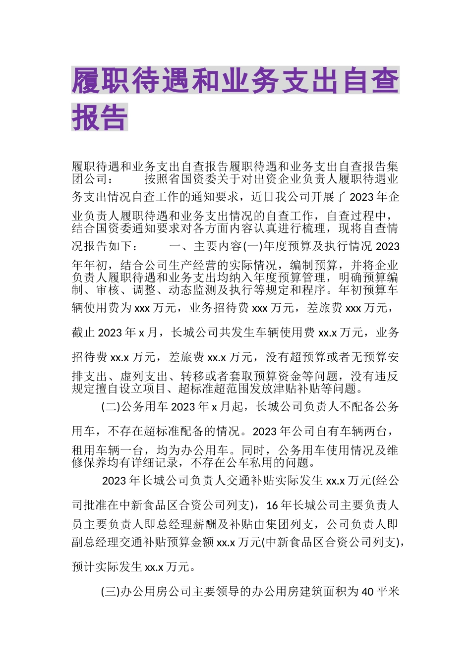 2023年履职待遇和业务支出自查报告.doc_第1页