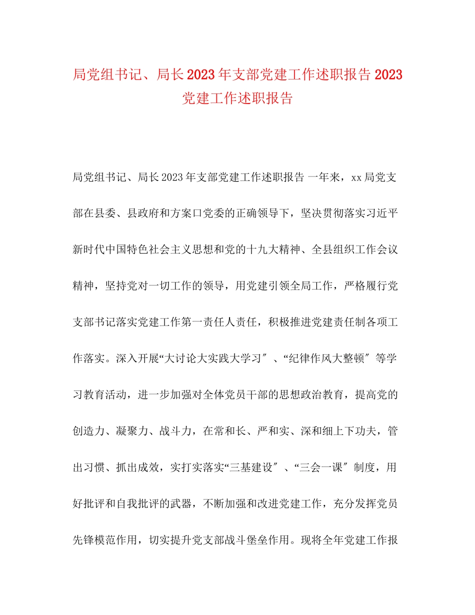 2023年局党组书记、局长支部党建工作述职报告 党建工作述职报告.docx_第1页