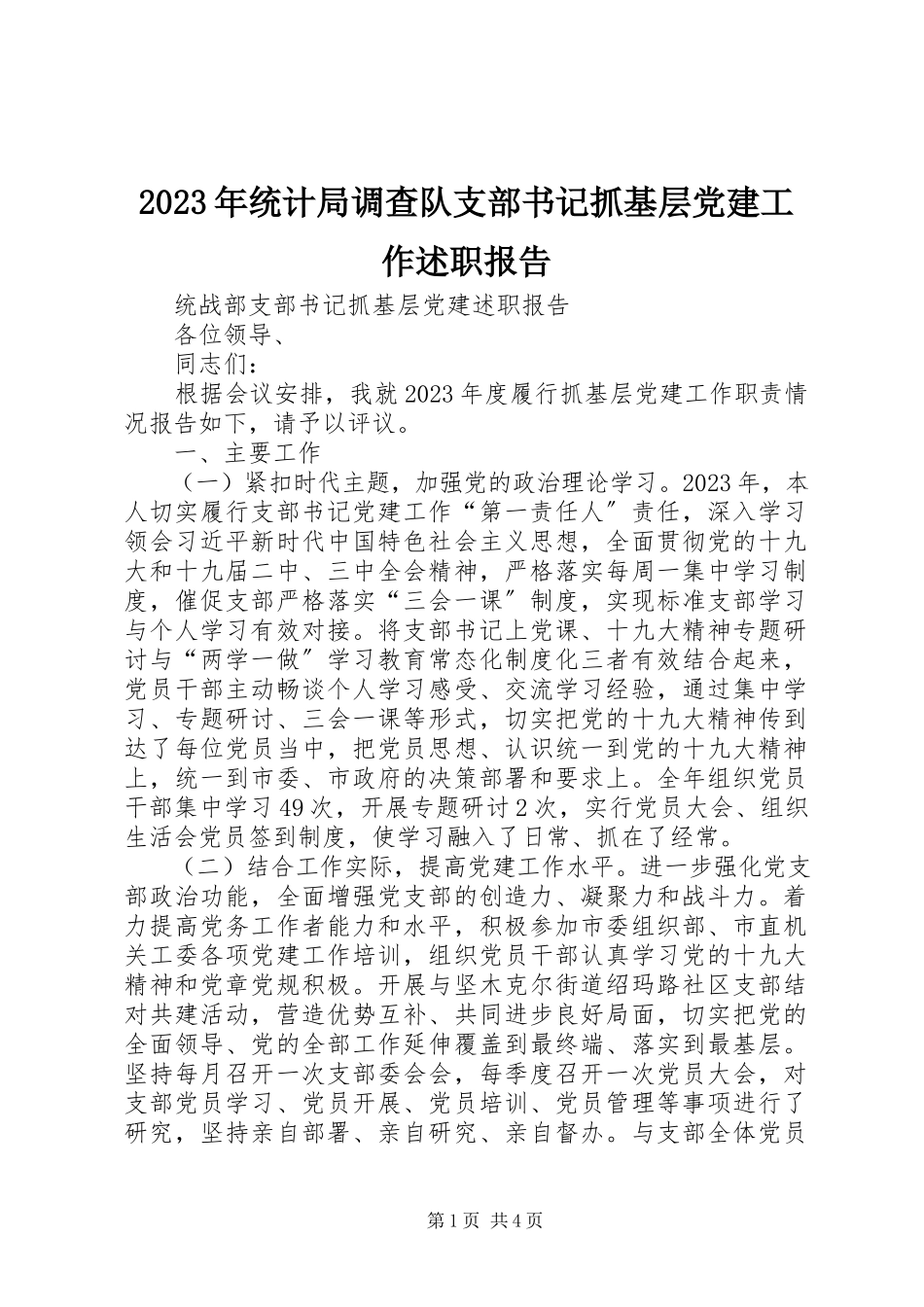 2023年统计局调查队支部书记抓基层党建工作述职报告.docx_第1页