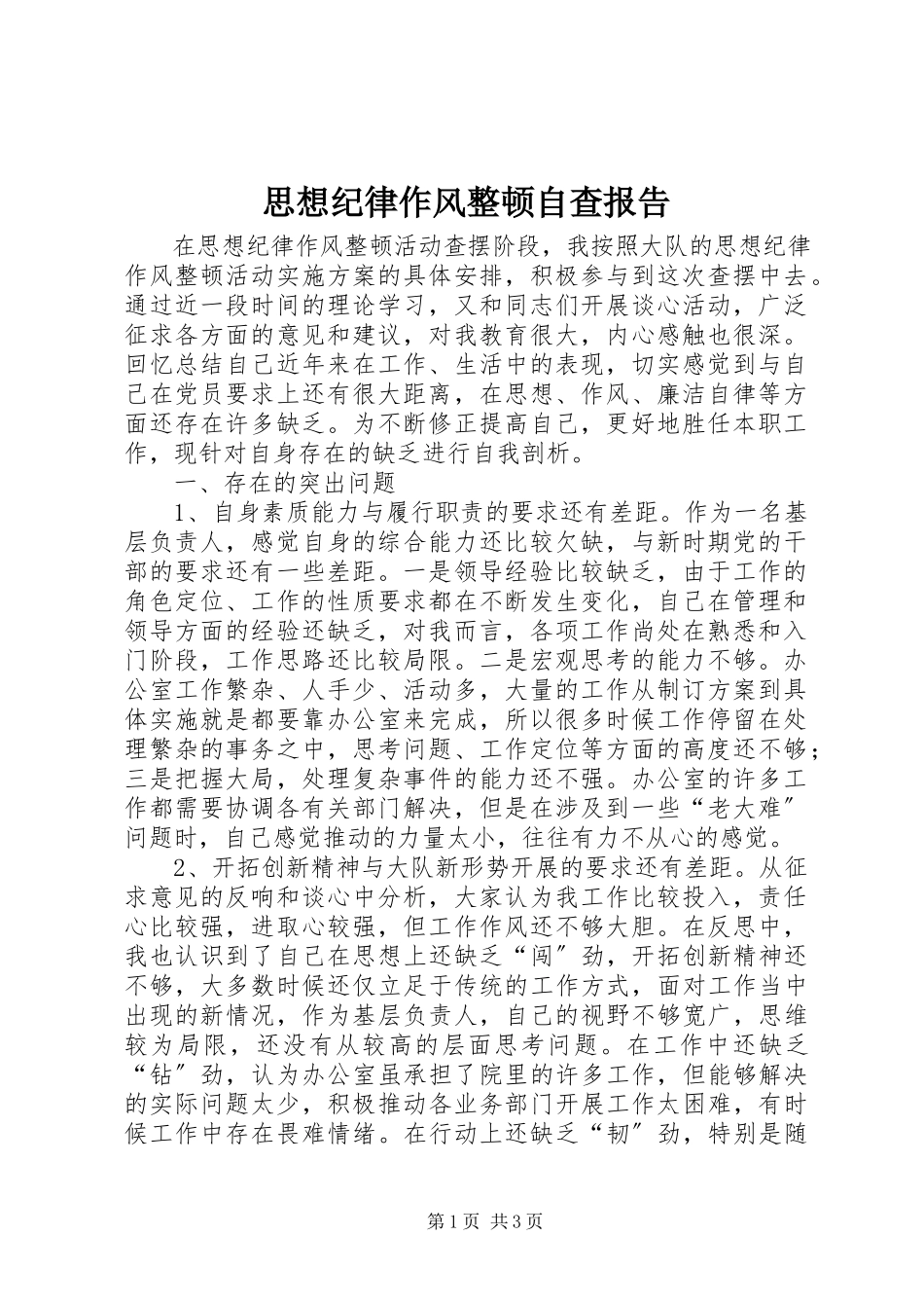 2023年思想纪律作风整顿自查报告.docx_第1页