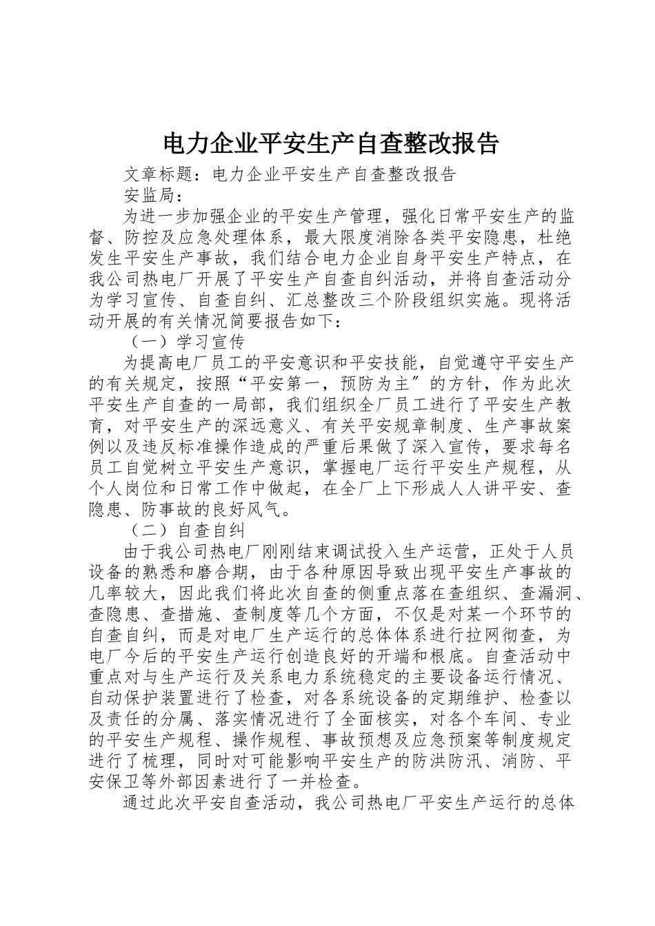 2023年电力企业安全生产自查整改报告新编.docx_第1页